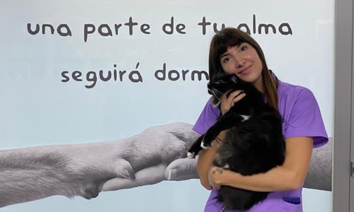 Auxiliar de veterinaria Vanessa Perez con un gato